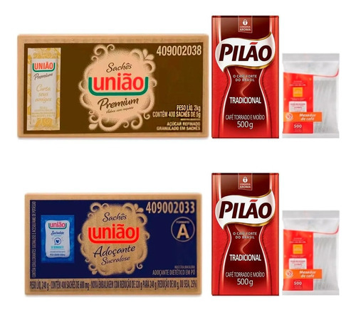 Cafe Pilao + Açucar Uniao Sache Adoçante Sucralose + Mexedor