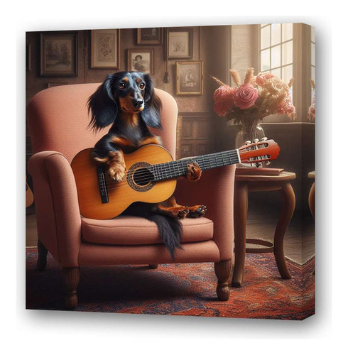 Cuadro 45x45cm Perro Salchicha Tocando Guitarra Sillon