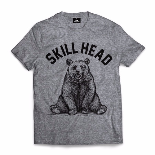 Camiseta Masculina Skill Head Cinza Tipo Grizzly Urso Preto