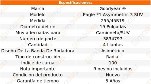 4 Llantas Eagle F1 Asymmetric 3 Suv Goodyear 255/45r19 100