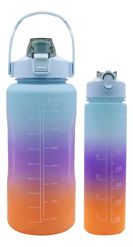 Set 2 unidades botella de agua deportiva 2l y 800 ml motivacional ax color celeste