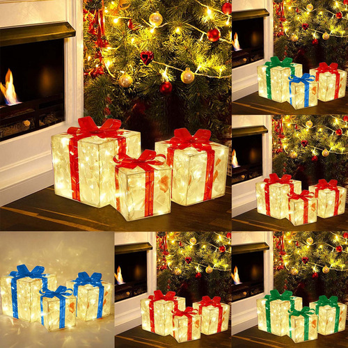 Caja De Regalo De 3 Piezas Con Luces Led, Decoración Navideñ