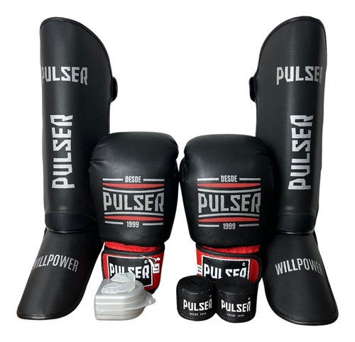 Kit Muay Thai Luva 14oz Caneleira Band Bucal Thunder Pulser