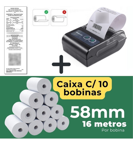 Mini Impressora Bluetooth Termica 58mm + 10 Bobinas Lisa