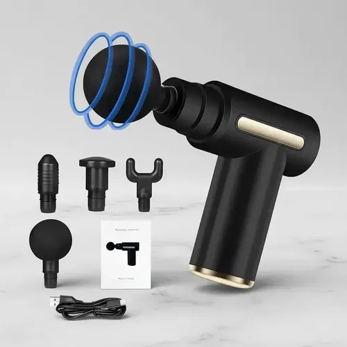 Pistola de Masaje Muscular 6 Velocidades 4 Cabezas Recargable Negra