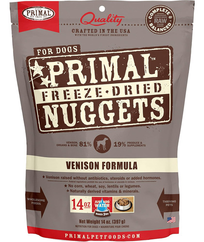 Primal Freeze Dried Dog Food Nuggets, Venison; Complete & Ba