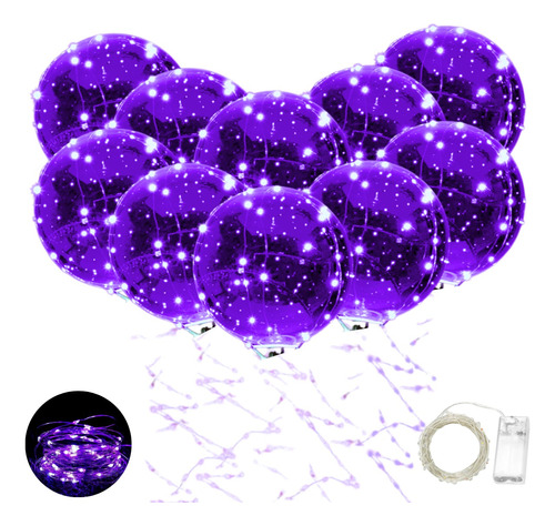10 Globos Burbuja Cristal Luz Transparente Micro Led Violeta