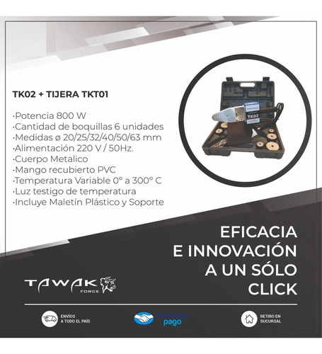Imagen 2 de 6 de Termofusora 800w Tijera Corta Tubo Tawak Tk02 6 Boquillas Ah