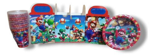 Mario Bros Cajas + Vasos + Platos Paq Fiesta 50 Niños