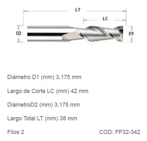 Fresas Planas Router Cnc 2 Filos 3,175mm, Corte 42mm