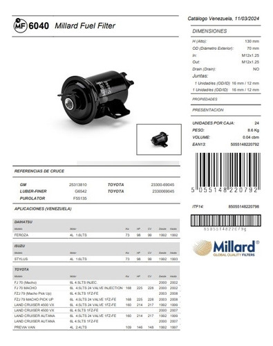 Mf6040 Filtro Gas Daihatsu Feroza 4l 92 Isuzu Stylus 4l92/93