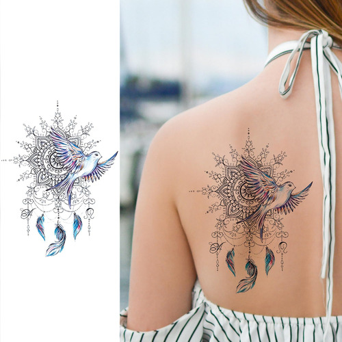 Tatuaje Temporal De Flor De Pájaro Para Mujer De Media Manga