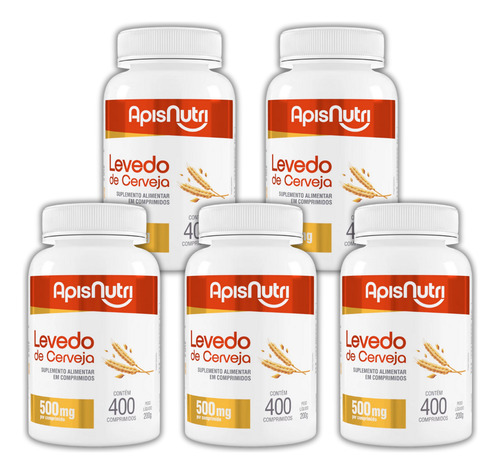 Kit 5 X Levedo De Cerveja 500mg 400 Comprimidos Apisnutri