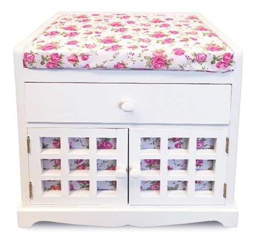 Mueble Banqueta Blanca Con Tela Diseño Flores