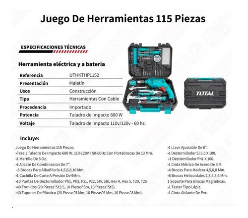 Set De Taladro Y Herramientas Total Uthkthp1152