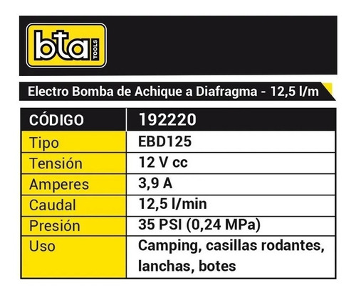 Imagen 2 de 5 de Bomba Presurizadora A Diafragma 12v Para Casillas 12.5 L Bta