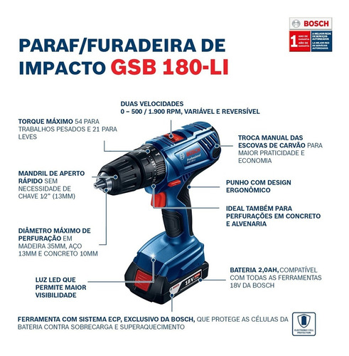 Imagem 2 de 7 de Parafusadeira Imp Bateria 18v Gsb180li Bosch + 23 Acessórios