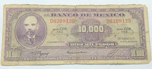 Billete 10,000 Pesos Matias Romero 1978 Condición Usado