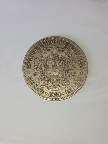 Moneda De 5 Bs Fuerte De Plata 1921