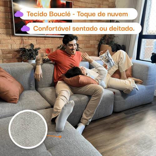 Sofá 2 Lugares Modular Na Caixa Em Boucle Com 1 Chaise Cinza
