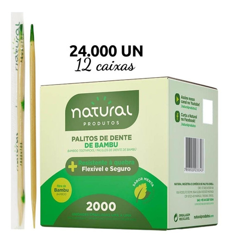 Palito De Dente Bambu Embalados Em Sachê Sabor Menta - 12 Cx