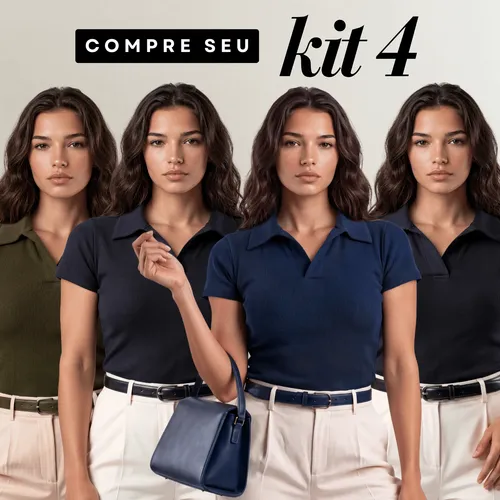 Kit 4 Camisa Gola Polo Feminina Canelada Manga Curta Lisa