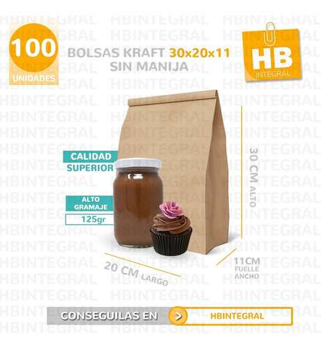 Imagen 2 de 9 de Bolsas Delivery Papel Kraft Madera Sin Manija 20x32x9 X100u