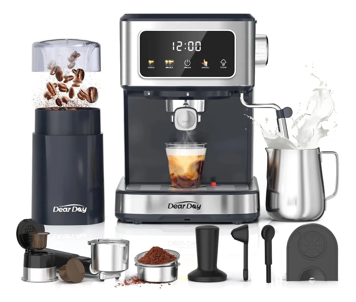 Cafetera Expreso DEAR DAY Semi Automática con Molino, para Cápsulas Nespresso y Leche Espumada