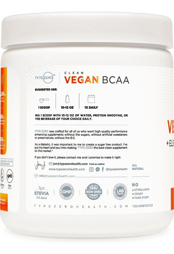 Type Zero Bcaa Vegano Y Electrolitos 337 Grs 30 Servs Sabor Peach/mango