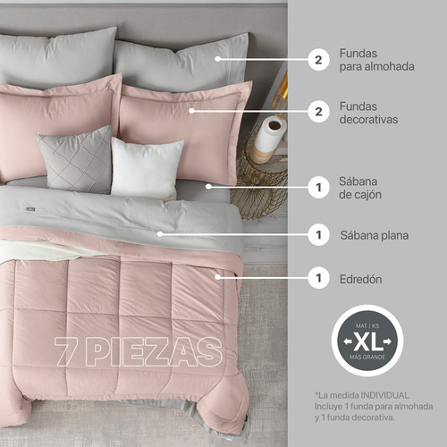 Set Edredón King Size + Fundas + Sábanas 7 Pzas Real Textil Rosa/gris