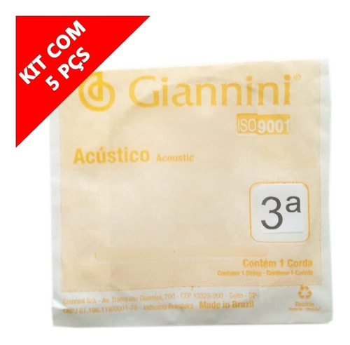 Kit Com 5 Cordas Avulsas 3ª Sol Para Violão Aço Giannini Acú