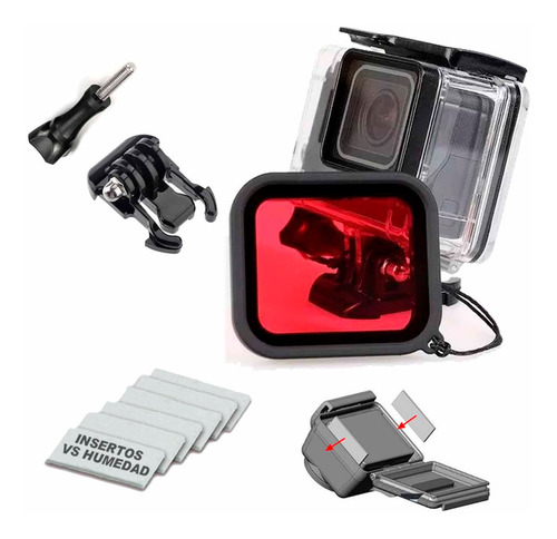 Kit Case Buceo 45m Para Gopro Hero Black 7, 6, 5+ Filtro Red