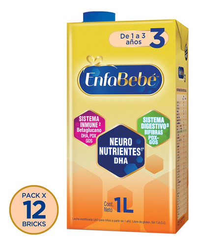 Leche de fórmula líquida Mead Johnson EnfaBebé 3 en brick x 12 unidades de 1L - 12 meses a 3 años