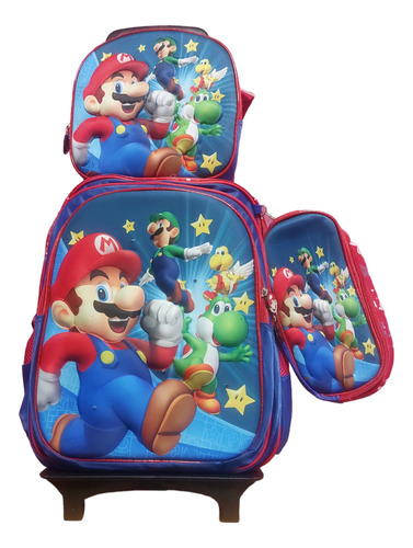 Mochila 3pz Super Mario Bros Led 3d Con Lapicera Y Lonchera