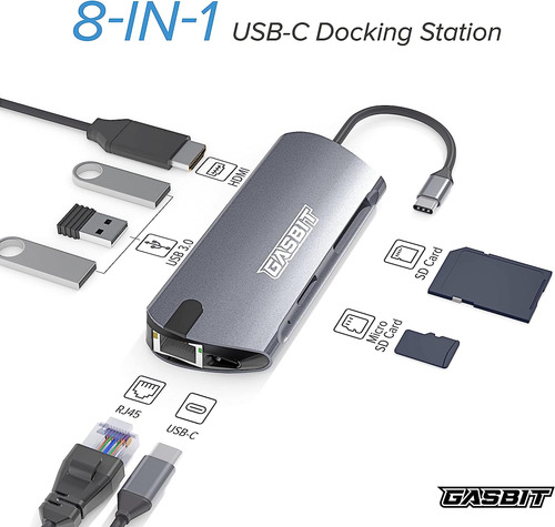 Hub Usb-c 8 En 1 Gasbit A Hdmi Usb 3.0x3 Lector Sd Ethernet