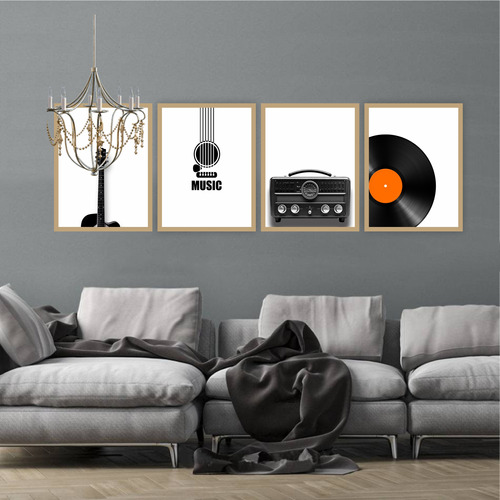 Kit 4 Quadros Decorativos Disco Vinil Rádio Violão Moldura