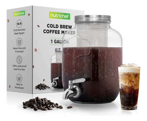 Cafetera para Cold Brew Café Frío de 3.8L NutriChef NCCOFF87 Frasco de Vidrio con Grifo de Acero Inoxidable y Filtro Reutilizable Antigoteo y Fácil de Limpiar