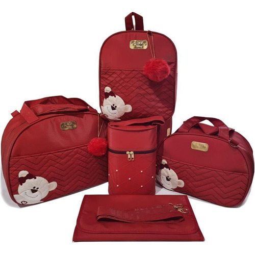 Bolsa Maternidade Bebê Kit 5 Peças Urso Impermeável Vermelha