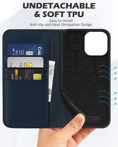 Funda Tipo Cartera Shieldon Para iPhone 13 Pro Max 5g, Color Azul Marino