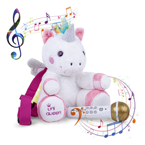 Singing Machine Kids - Mochila De Peluche Sing Along Crew Con Altavoz Y Micrófono Con Canciones, Efectos De Sonido Y Grabación, Uni Queen