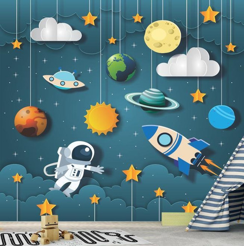 Papel De Parede Infantil Sistema Solar Planetas Céu Gg694