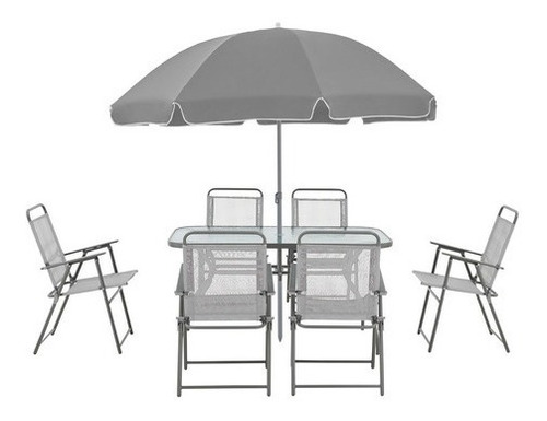 Juego Terraza 6 Sillas Gris Y Mesa Con Quitasol Bighouse