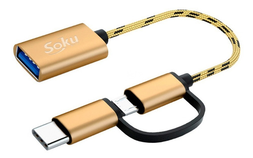 Cable 2 En 1 Adaptador Micro Usb V8 Tipo C A Usb 3.0 Otg Color Dorado