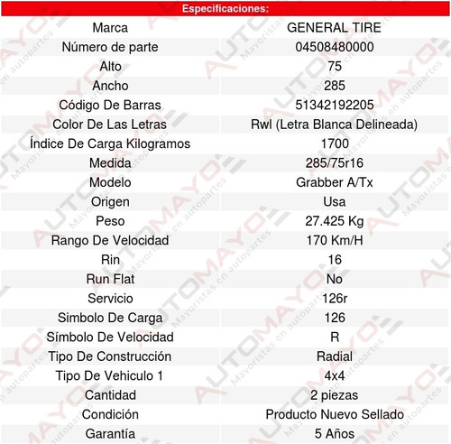Pack 2 Llantas 285/75r16 126r General Tire Grabber A/tx