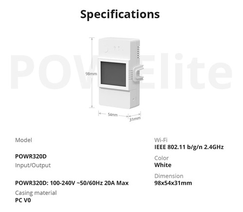 Sonoff Pow Elite 20a Wifi Consumo Kw Powr320d Ewelink Alexa