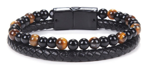 Pulsera Cuero Ojo De Tigre Obsidiana Regalo Amor Amistad