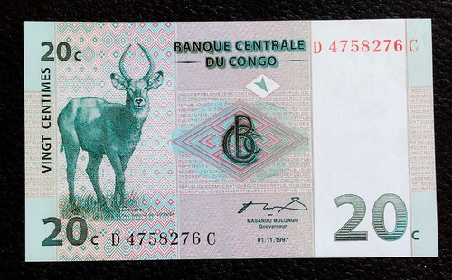 Congo 20 Centimes 1997 Sc Pick 83 Fauna Antílope