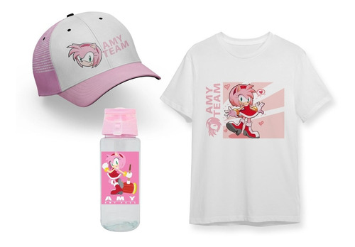 Pack Remera + Botella + Gorra +  Amy Rose Sonic Rosa