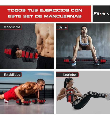 Imagen 2 de 9 de Set 2 Mancuernas Ajustables Total 10kg + Barra + Kettlebell