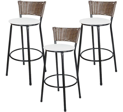 Kit 3 Banquetas Bistrô Cuba Junco Rattan Capuccino E Branco